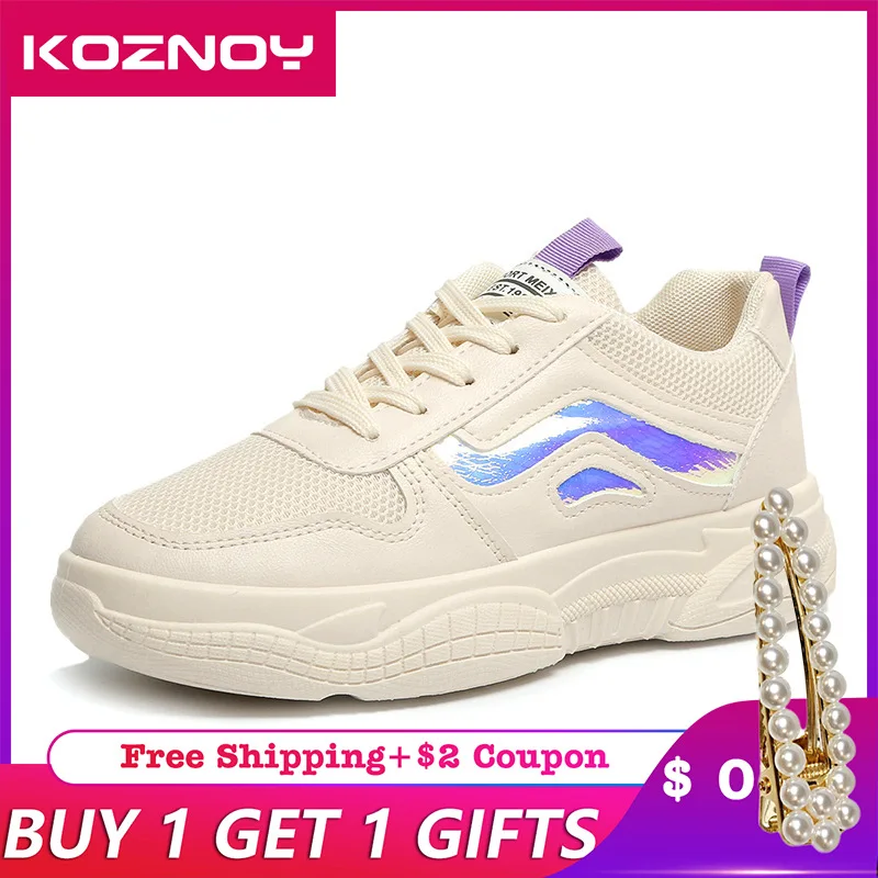 

Koznoy Sneakers Women Spring Autumn Thick Bottom Dropshipping Fashion Breathable Muffin Bottom Mesh Lace Leisure Women Shoes
