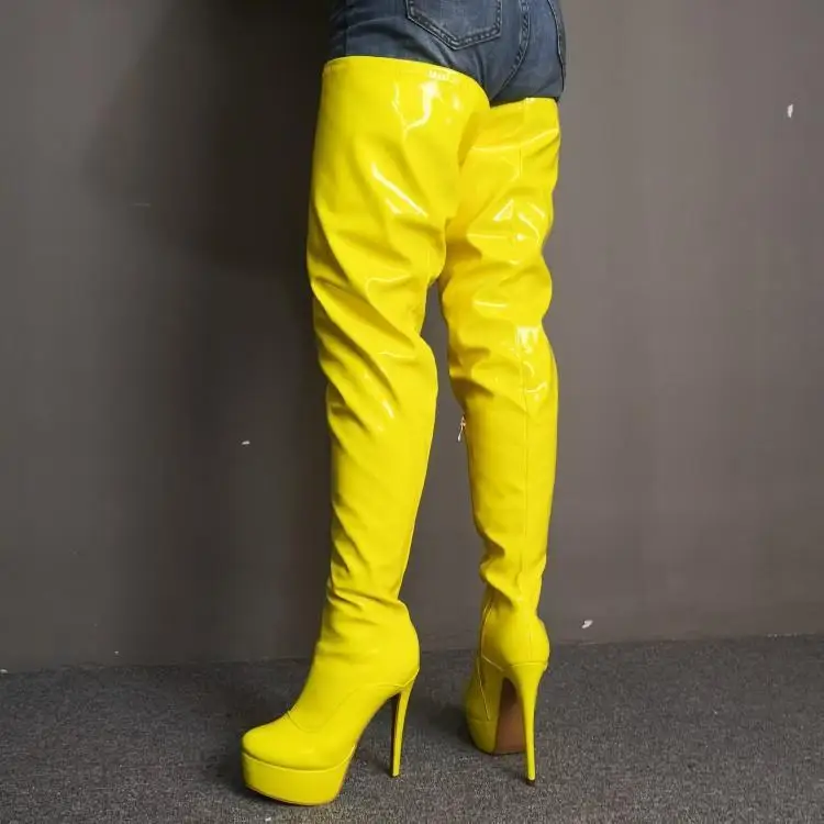 

Light Yellow Shiny Patent Leather Thigh High Boots Women Round Toe Platform Zapatos De Mujer Side Zipper Womens Shoes Plus Size