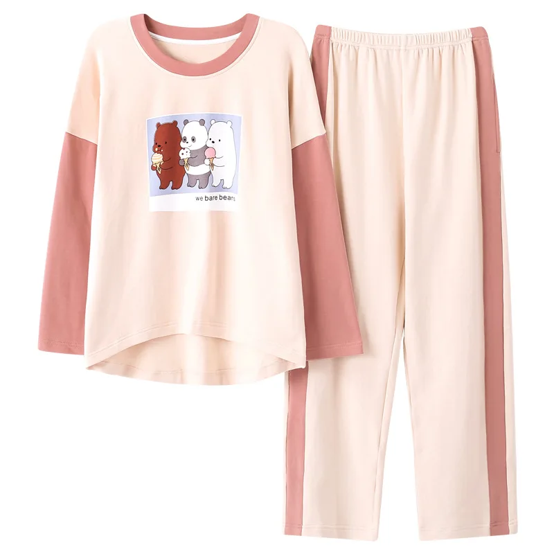 Пижама для женщин, длинные Хлопковые Штаны с длинными рукавами, осенняя Корейская версия пижам, милая Свободная Домашняя одежда большого