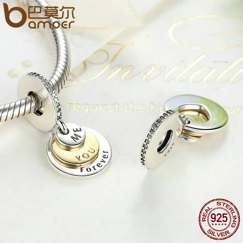 BAMOER Romantic Gift 925 Sterling Silver You & Me Forever, Clear CZ Round Pendant Charms fit Bracelet DIY Jewelry PSC017