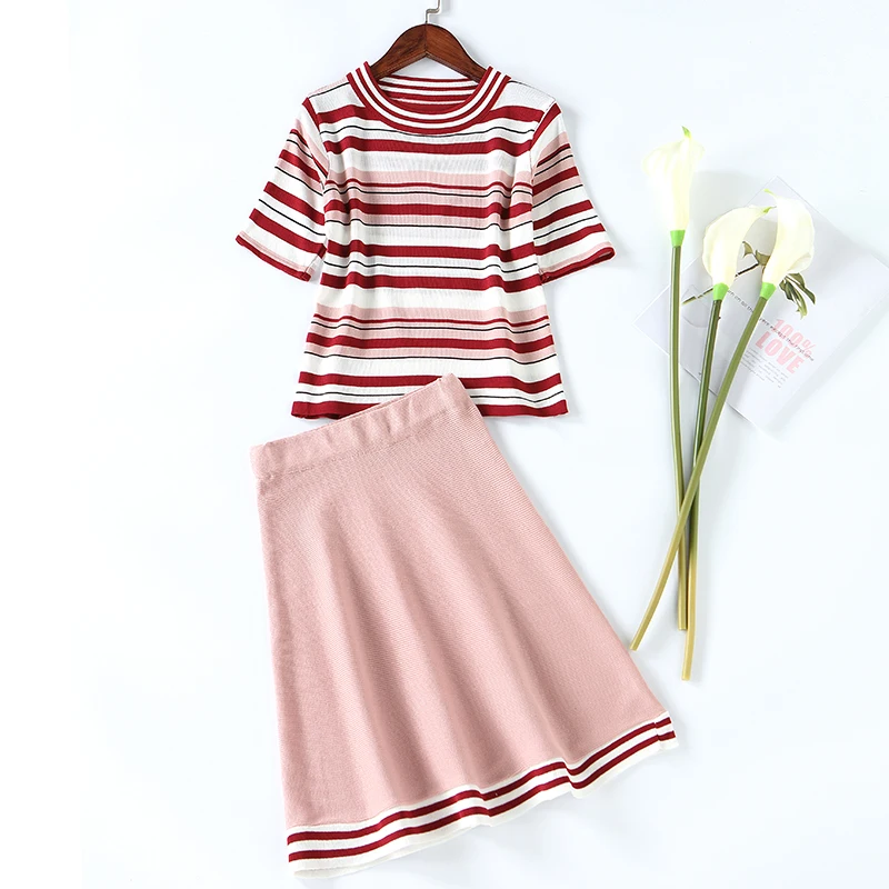 Модный женский весенний тонкий вязаный Топ в полоску и мини-юбка, комплект из двух предметов, юбка для девочек, комплекты летней одежды