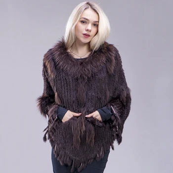 

ZDFURS* Real Knitted rabbit & raccoon Fur Shawl poncho stole shrug cape robe tippet wrap women's winter warm coat/outwear