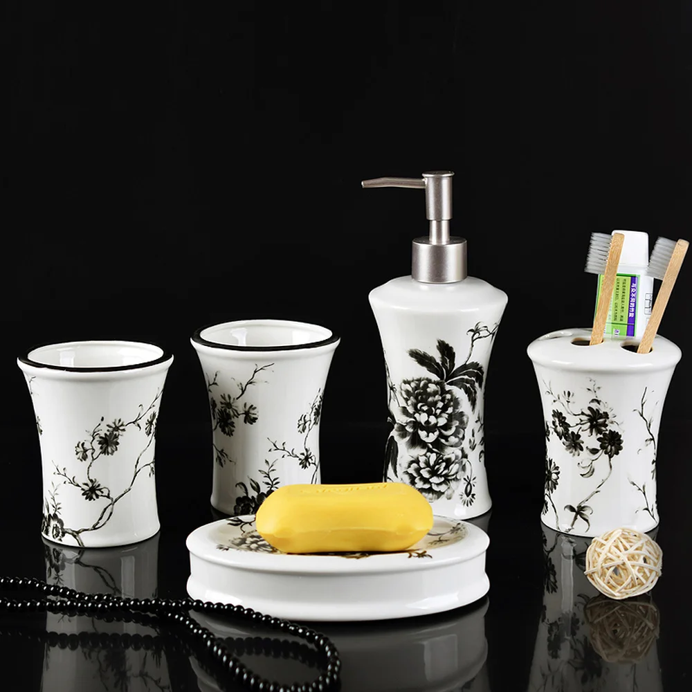 Chinese ceramic bathroom five-piece ink peony hotel bathroom supplies bathroom bathroom wash cup set LO7281128 Chinese ceramic bathroom five-piece ink peony hotel bathroom supplies bathroom bathroom wash cup set LO7281128