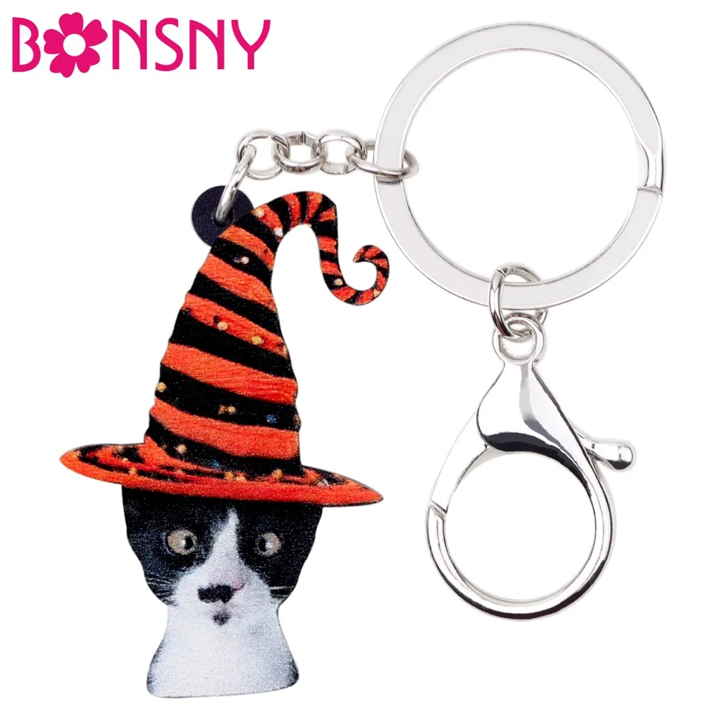 Bonsny Acrylic Halloween Novelty Cat Kitten Hat Key Chains Keychains