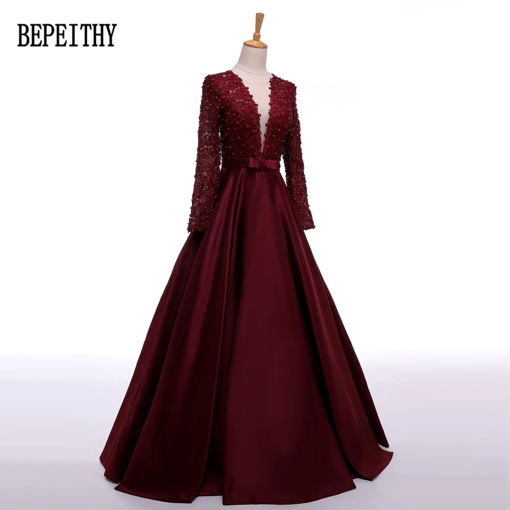 BEPEITHY Robe De Soiree Long Sleeve Burgundy Satin Evening Dress Long Vestido De Festa Longo Elegant Dresses 2019