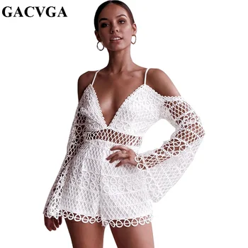 

GACVGA 2019 Summer Off Shoulder Lace Playsuits V Neck Long Sleeve Casual Short Jumpsuits Women White Elegant Jumpsuit romper