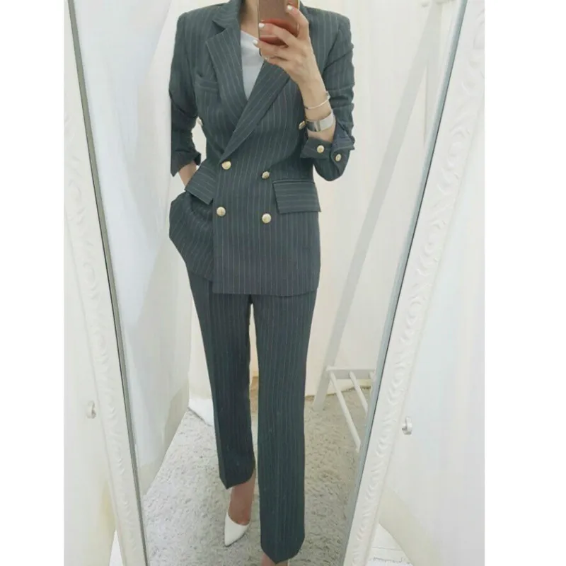 

Set female 2019 spring and autumn new casual fashion striped west decoration trousers temperament elegant women's two-piece