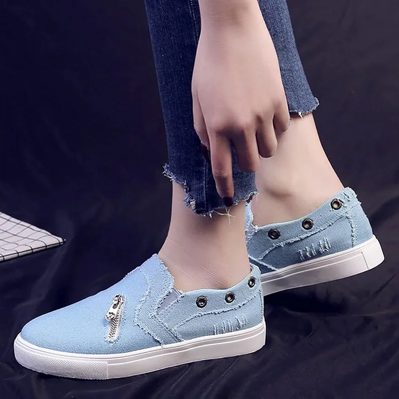 

Canvas Shoes Woman Summer Plus Size 41-43 Zipper Shallow Light Weight Walking Sneakers For Women Slip-On Blue Shoes girls