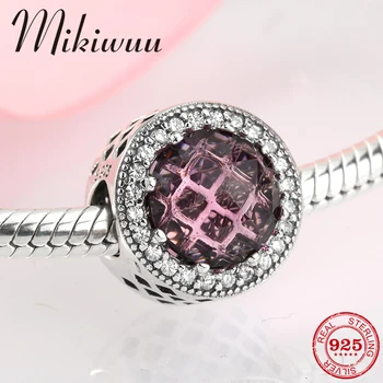 

925 Sterling Silver Round hollow Bright Purple Crystal zircon fine Bead Jewelry making Fit Original Pandora Charm Bracelet