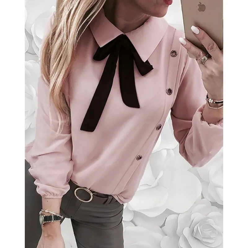 

Side single breasted pink blouse shirt women Contrast tied neck buttoned casual shirt summer 2019 womens tops blusas