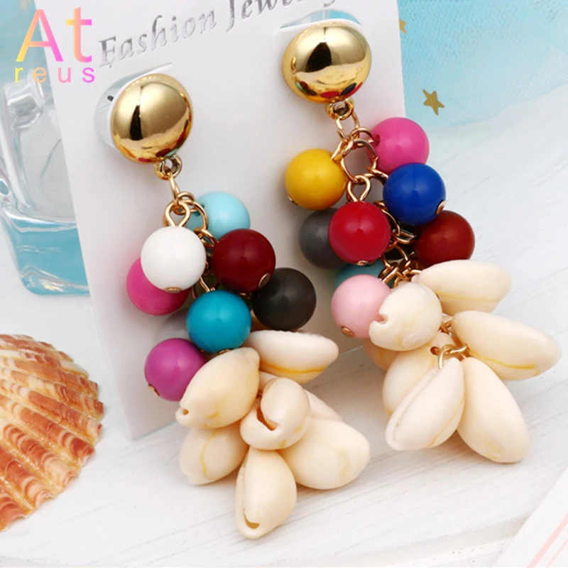 

Multicolor Strand Beaded Shells Earrings For Women Gold/Silver Color Metal Beads Grape Sea Shells Drop Earrings Ethnic Jewelry