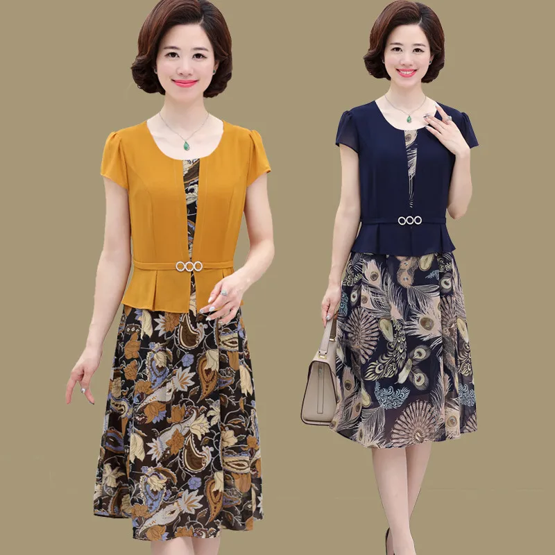 

Middle-aged Summer Dress 2019 New Elegant Fake Two-piece Party Floral Chiffon Dress Retro Slim Plus Size 5XL Women Dress x724