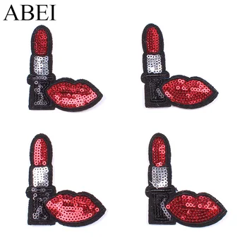 

10pcs/lot Sequined Lipsticks Mouth Patch Iron On Embroidered Stickers DIY Jeans appliques Handmade Garments Coats