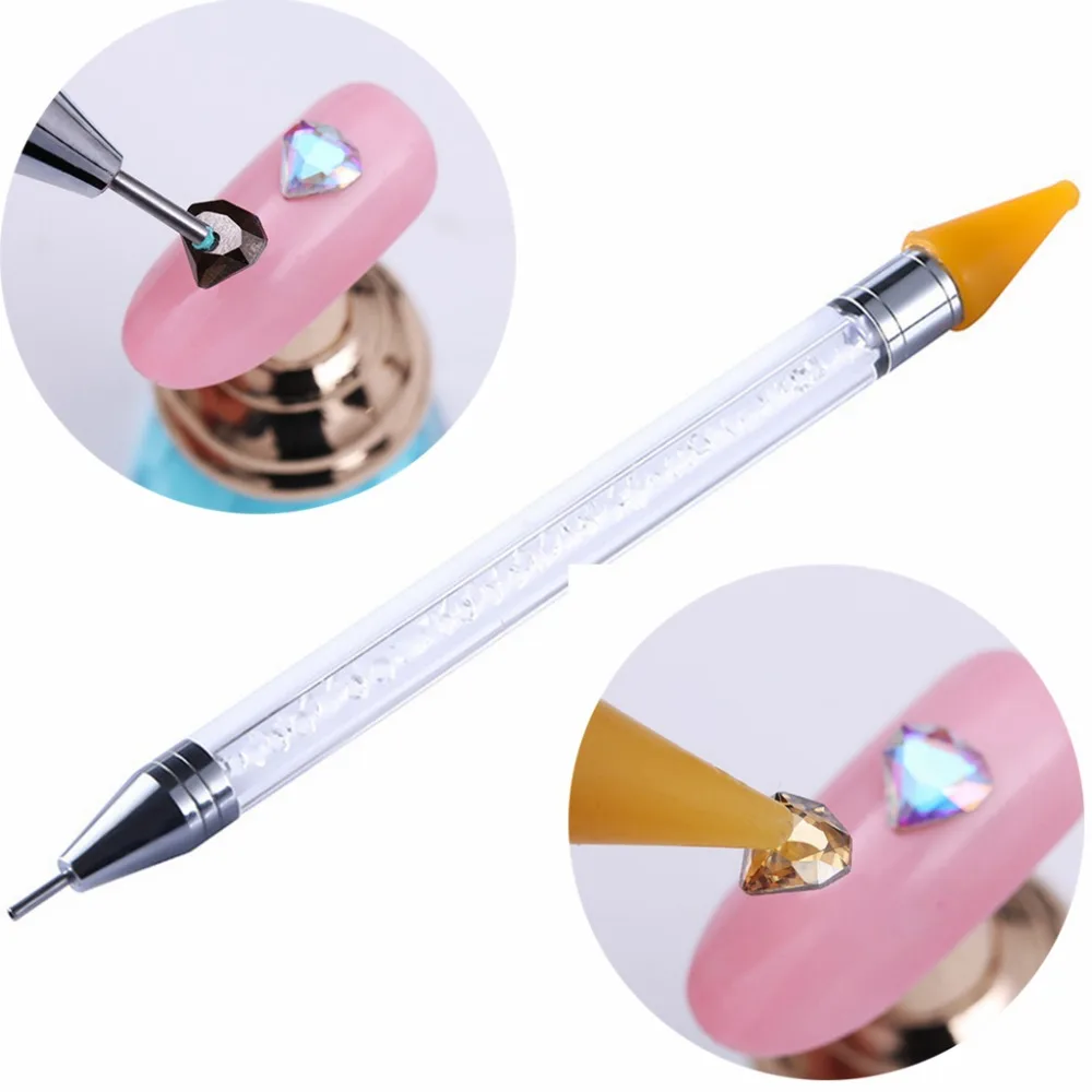 

1pc Double-ended Nail Art Brush Crystal Beads Dotting Pen Head Tips Acrylic Handle Rhinestone Pick Up Applicator Tool