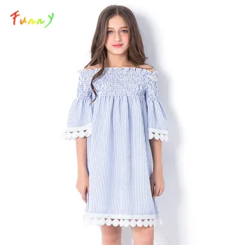 

Princess Dress Girl Off-shoulder Lace Kids Summer Dress 2019 Striped Birthday Party Teenage Dress for Girls 10 to 12 Years