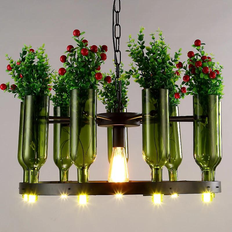 

Wrought iron retro industrial hanging light E27 glass bottle Artificial plants pendant lights for parlor restaurant kitchen shop