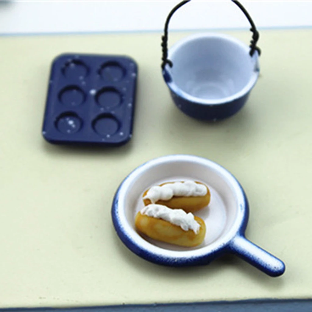 1/12 Dollhouse Miniature Cookware Tableware Ceramic Pastry Plate Frying Pan Kitchen Dining Table Decoration