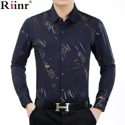 Riinr 2018 Новое поступление осень Особенности рубашки Для мужчин высокое качество Повседневное золото печати рубашка с длинным рукавом Весна