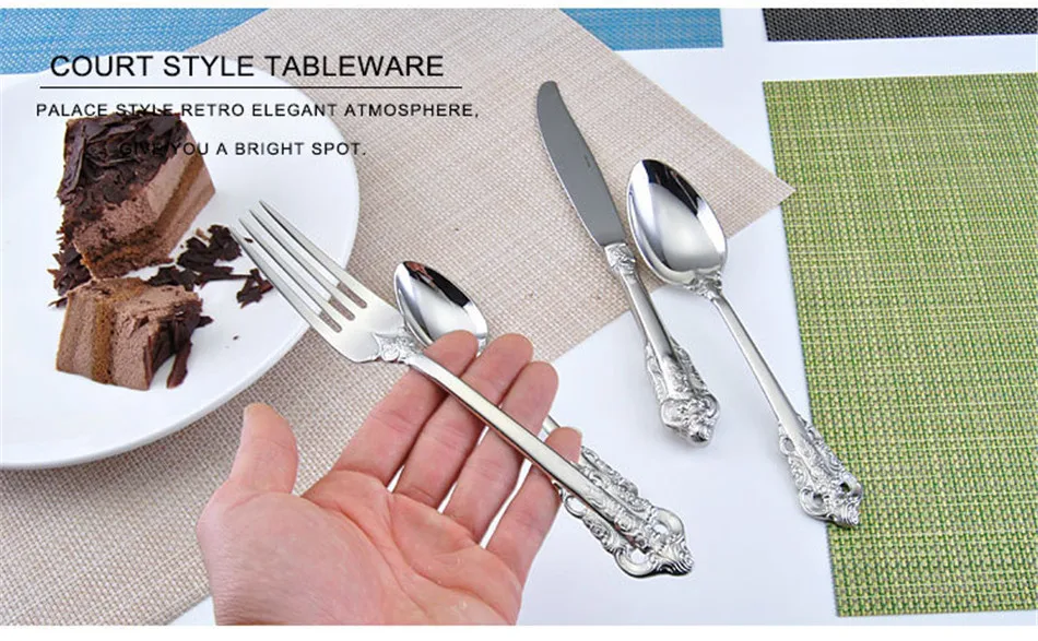 Dinnerware Set Stainless Steel Cutlery Set Silver Embossed Hollow Knife Fork Tableware Cutleries European Western Food Set 4 Pcs (6)