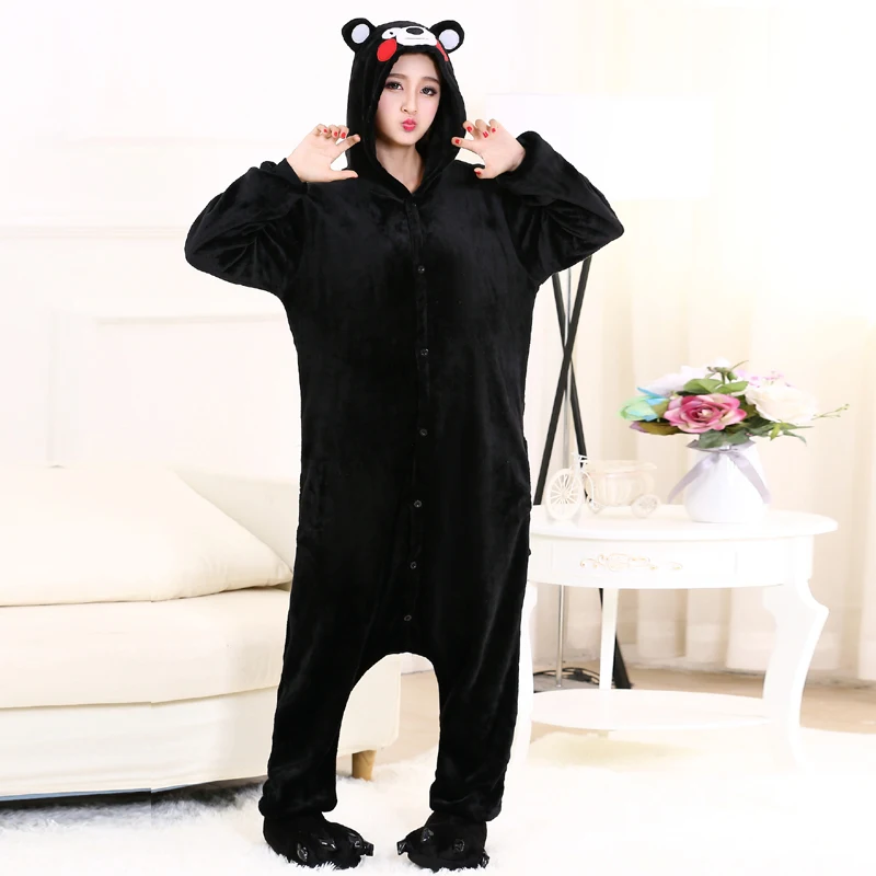 Cute Kumamon Kigurumi Onesie Animal Adult Men Women Black Pajamas For Halloween Party Jumpsuit Soft Flannel Cosplay Costume (4)