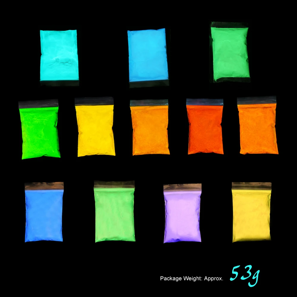 

12 Colors Green Phosphor paint photoluminescent Powder Bright Phosphorous Halloween Nail Art Glitter Holly Fluorescent Pigment
