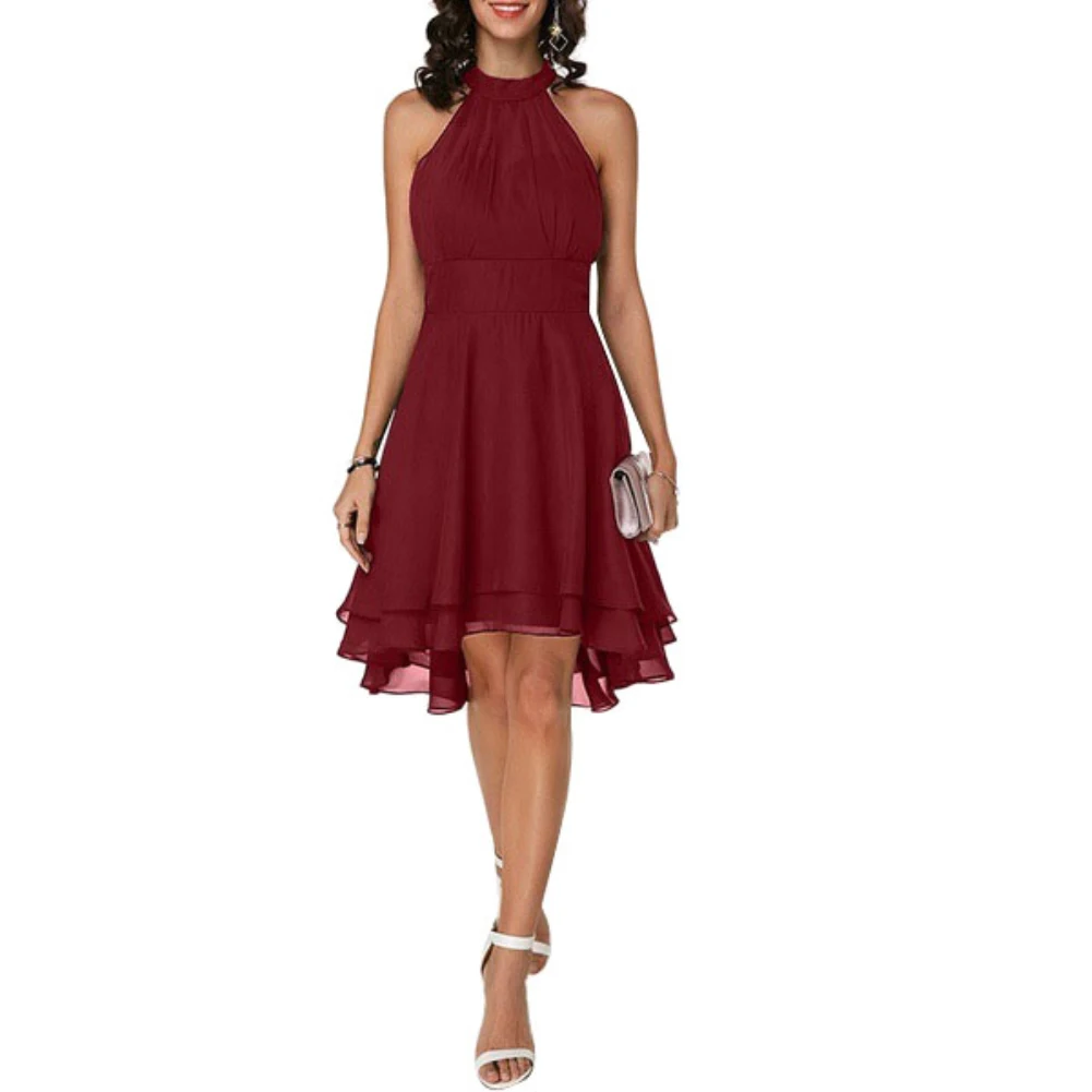 Женское элегантное однотонное мягкое платье без рукавов с асимметричным подолом - Цвет: Wine Red