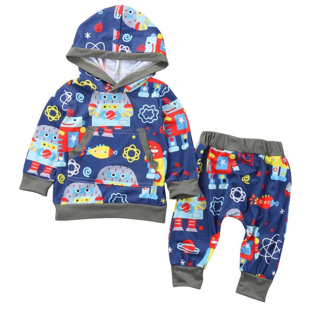 

New Year 2 Pcs Cartoon Robot Baby Boy Hooded Clothing Set Infant Babies Boy Robots Hoodie Tops+Pants 2pcs Outfits Clothes Set