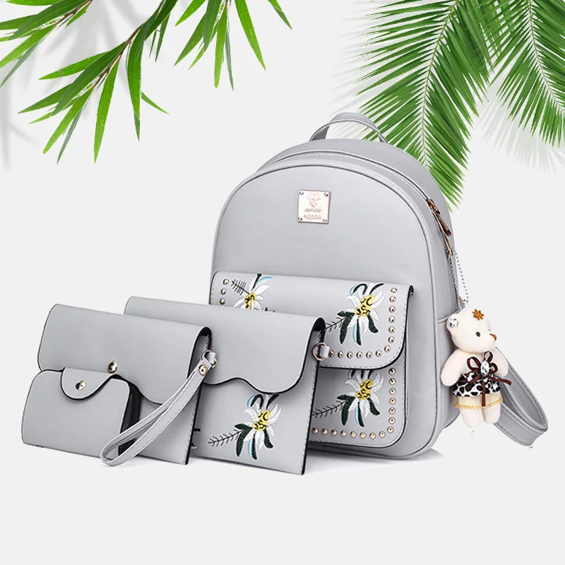 

5Pcs/Set School Backpack Women School Bags For Teenage Girls Bear Pendant Embossing Backpack Female Bag Set For Student Moclila