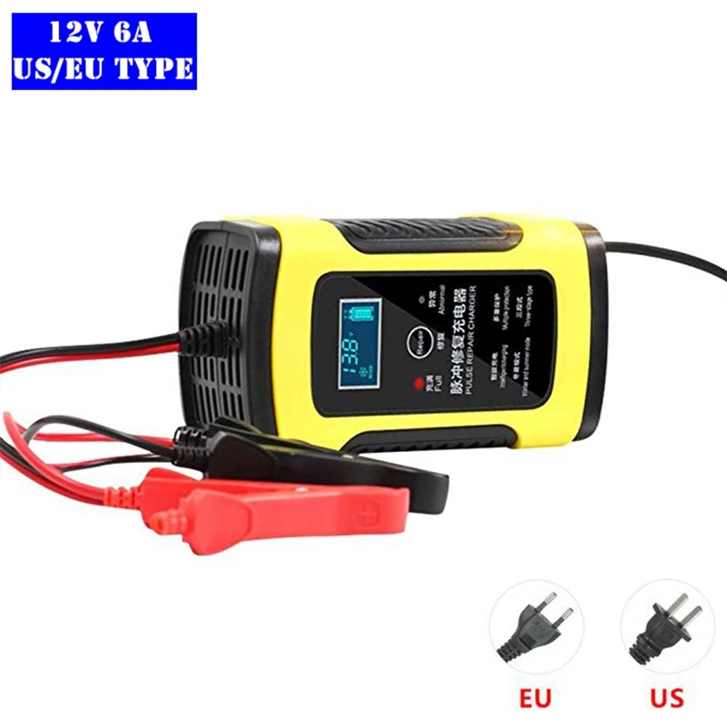 12V 6A Fully Intelligent Car Battery Charger Maintainer Smart Fast Lead-acid Battery Charger with LCD Display for Car Motorcycle