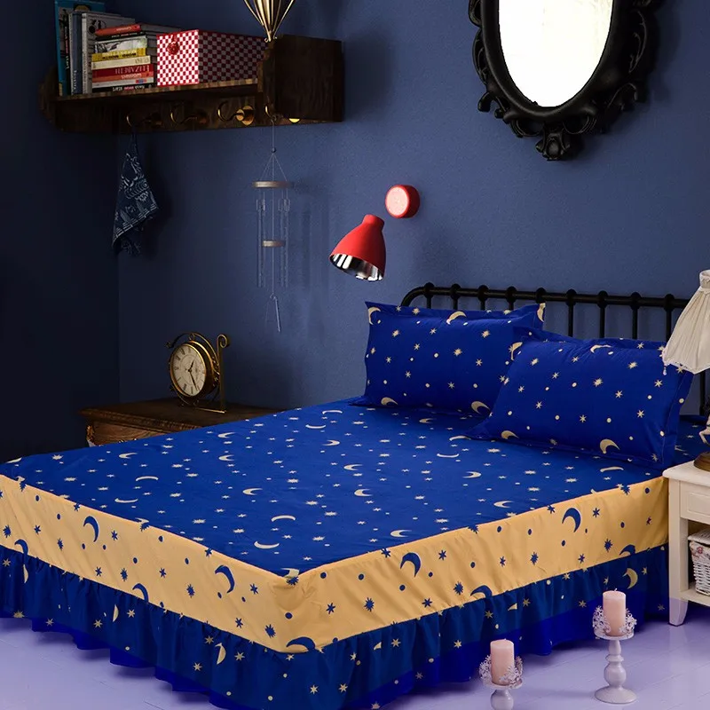 Медуза, комплект из 3 предметов, простыня с Луной и звездами, юбка-кровать, наволочка, двойной полный комплект постельного белья, комплект/аква/синий/трава