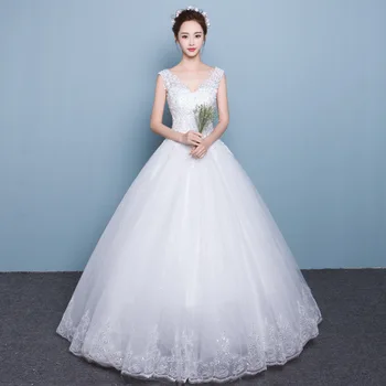 

V Neck Elegant Bridal Dress Floor Length Princess Ball Gown 2020 Sleeveless Lace Appliques Wedding Dresses Vestido De Noiva
