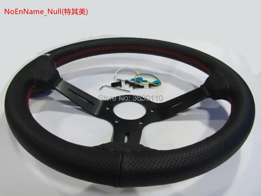 

350mm Steering Wheel ND Real Leather Racing Drifting Tuning Steering Wheel Red Stitching with horn button