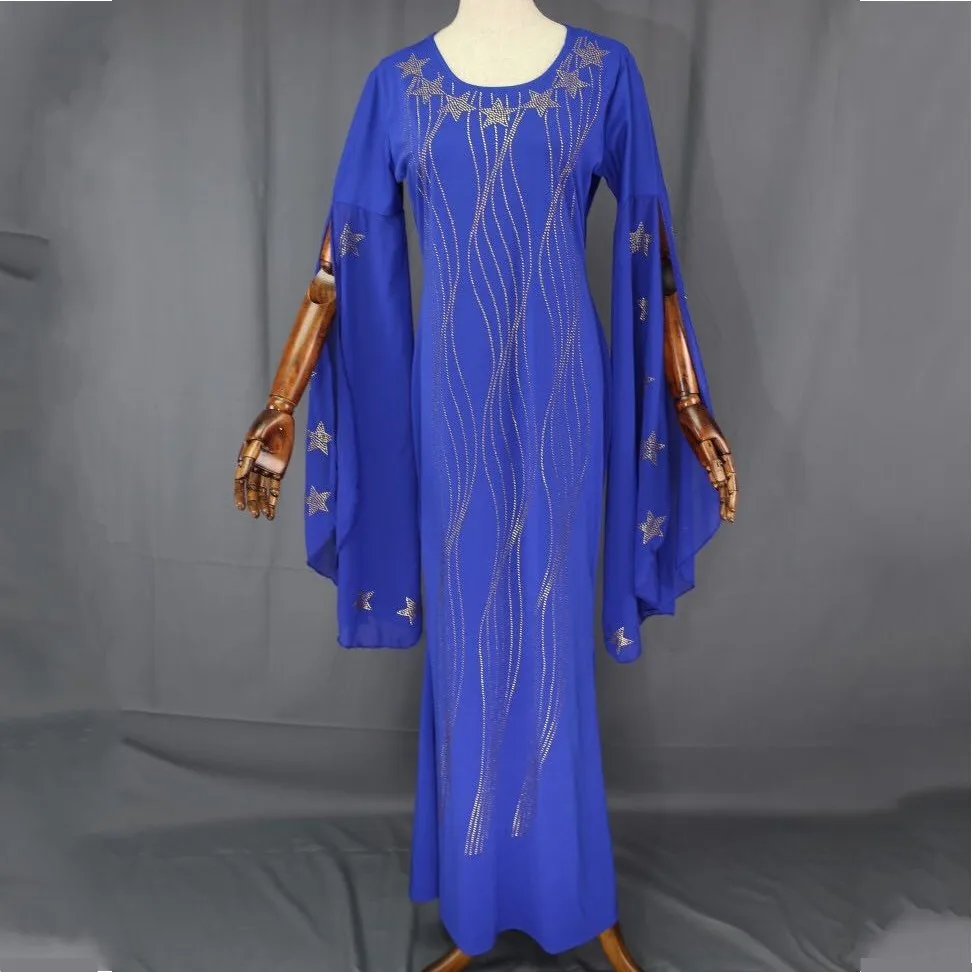 

African Dresses for Women Dashiki Diamond African Clothes Bazin Broder Riche Chiffon Ruffle Sleeve Robe Evening Long Dress Lady