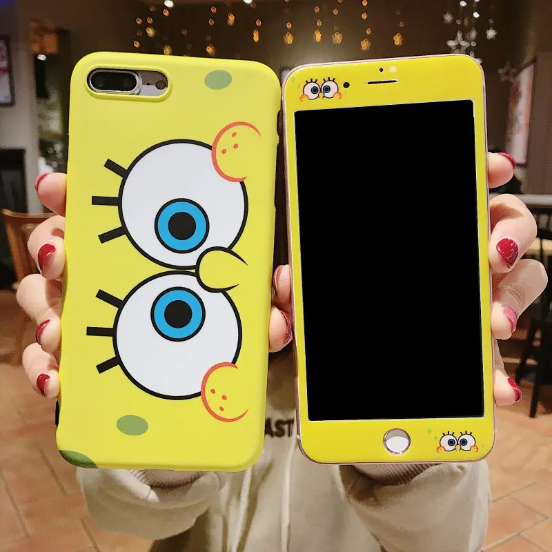 

For iPhone 8/7 plus SpongeBob case & tempered glass film for iphone 6 6s plus soft silicone cover for iphone 7plus girl gift
