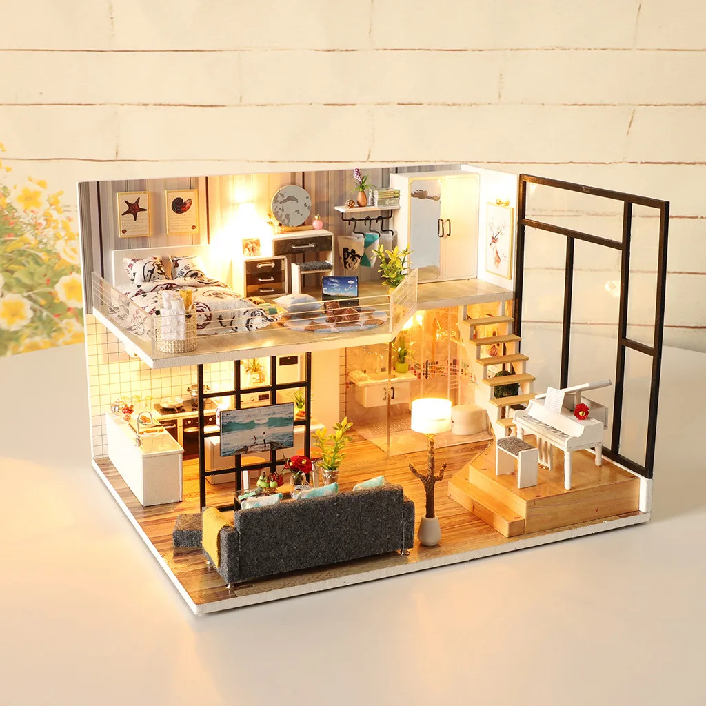3D DIY деревянный дом с мебели DIY миниатюрный дом Миниатюрный дом мебель светодиодный пазл для дома декоративные креативные подарки z0709