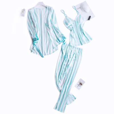 Herislim/атласные пижамные комплекты для женщин, полосатая пижама с длинными рукавами, топ на бретельках+ штаны+ халат, 3 предмета, пижама, ночная рубашка, Сексуальная Домашняя одежда