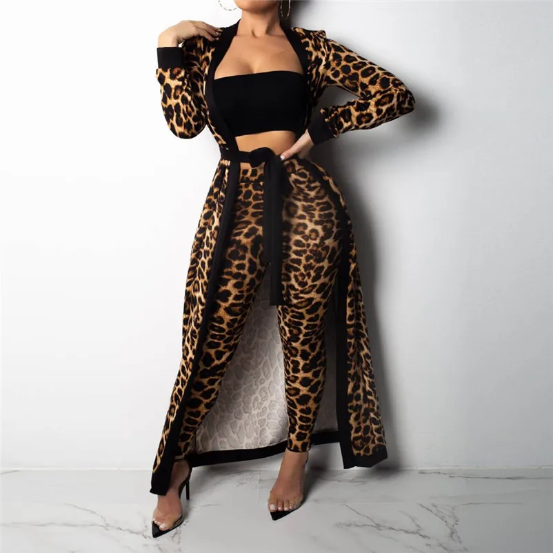 Спортивный костюм для женщин, сексуальный женский леопардовый костюм из трех предметов, модный жилет + Длинные Топы + штаны, костюм из трех