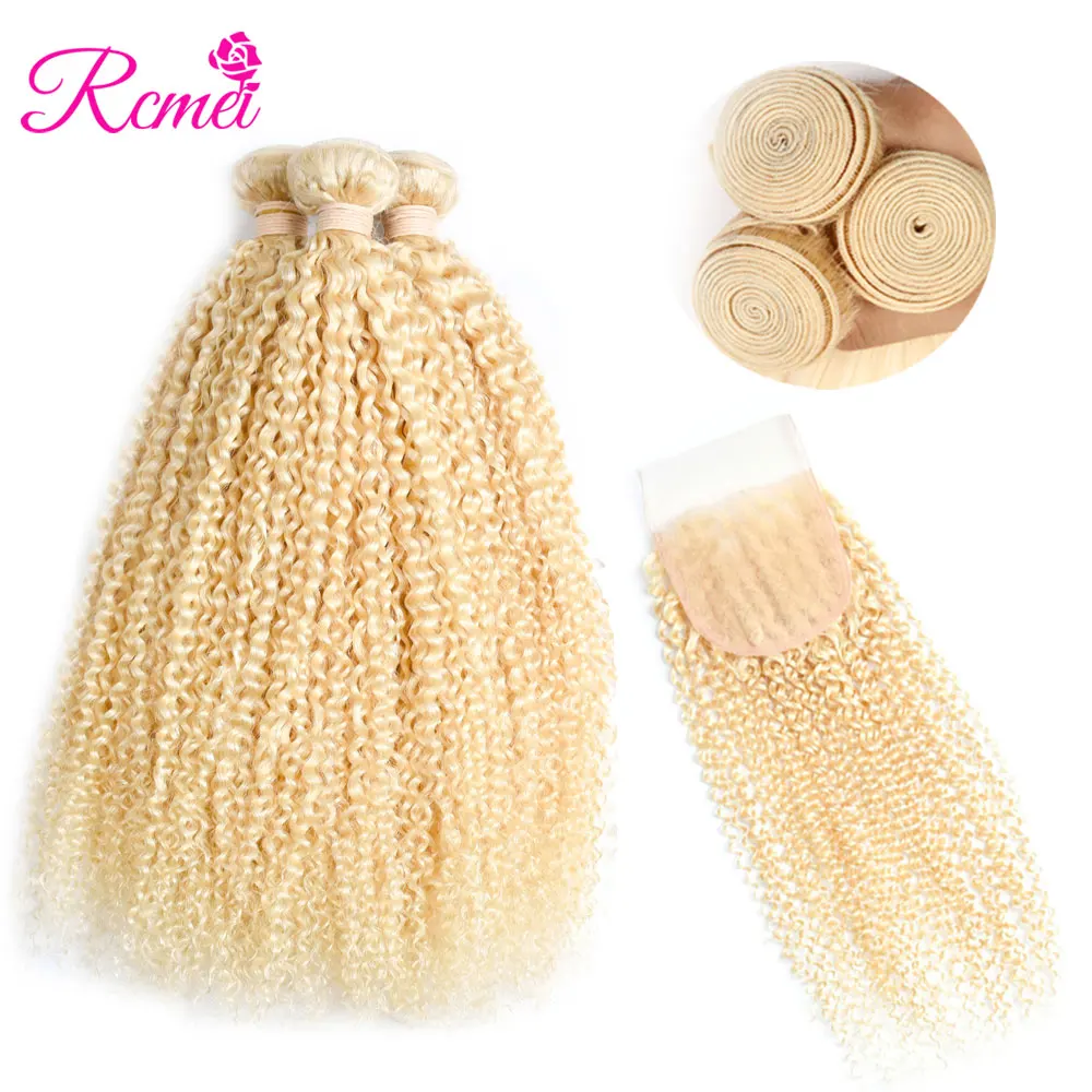 Malaysain 613 Blonde Kinky Curly Bundles With Closure1
