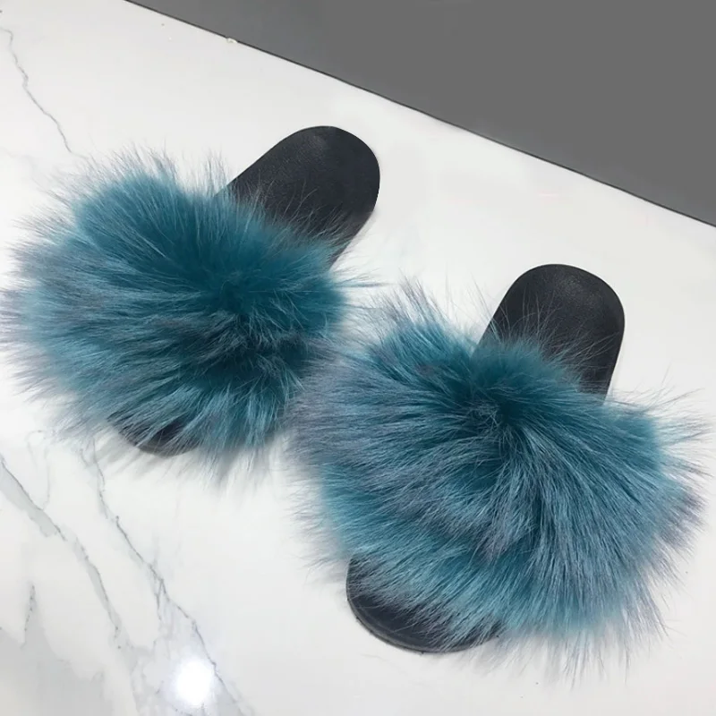 ZDFURS* New Arrivals Real Raccoon Fur Slippers Women Fluffy Fur Slides Spring Autumn Winter Indoor Outdoor Shoes - Цвет: H