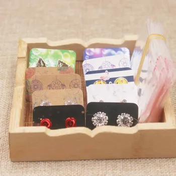 

3.5*2.5cm colorful print earring card tag label kraft paper marble/flower/dreamcatcher earring display tag card100pc+100opp bag