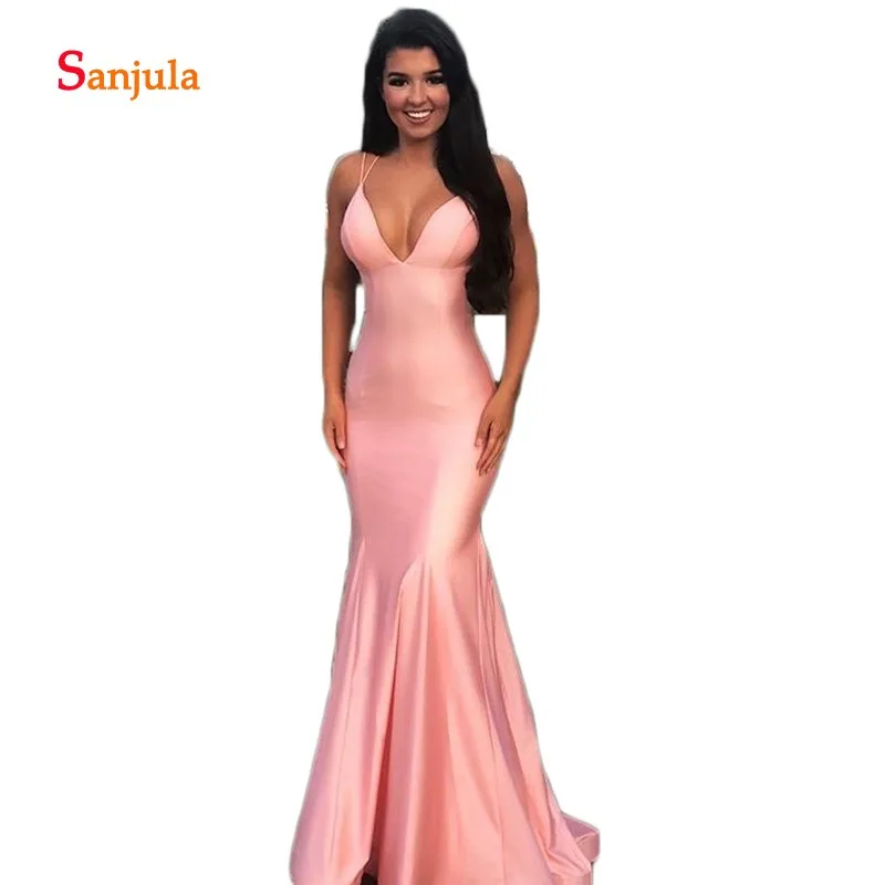 

V Neck Mermaid Pink Prom Dresses Simple Long Evening Party Dresses 2019 Back Criss-Cross Sexy Night Prom Gowns ballkleider D454