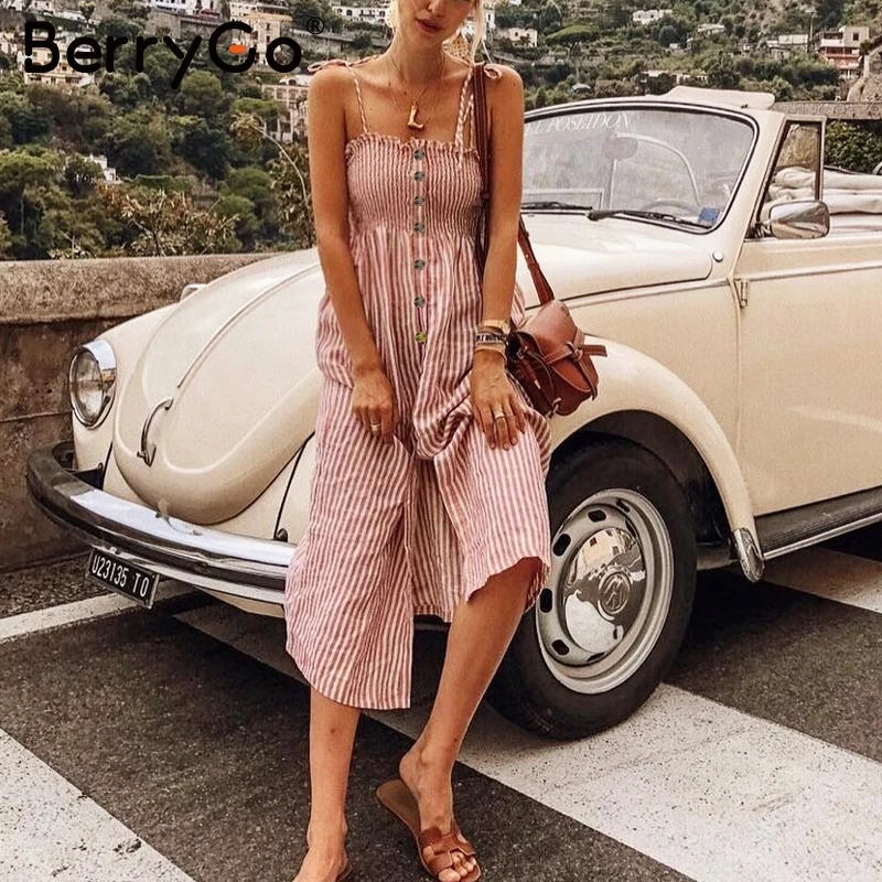

Berrygo Bohemian casual striped summer dress women Spaghetti strap short dress mocking beach split button boho dress pink 2019
