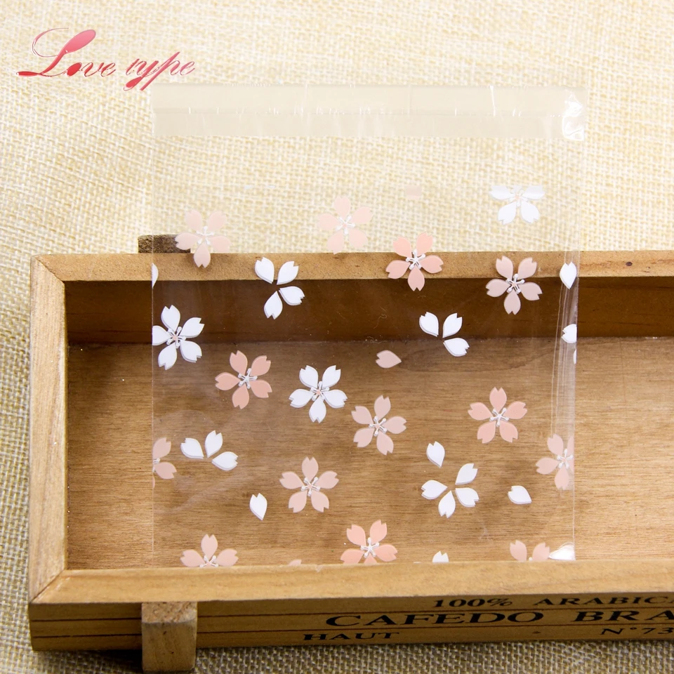 Plastic Bags 100PCS Cherry Blossoms Candy Cookie Self-Adhesive For DIY Biscuits Snack Baking Package Decor Kids Gift Supplies