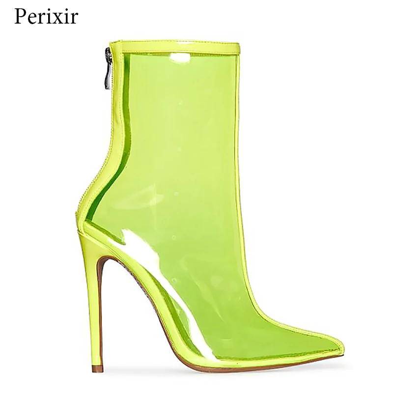 

Perixir PVC Transparent Women Ankle Boots Pointed Toe Crystal Super High Heels Zip Boots Sexy Women Chelsea Boots Ladies Shoes