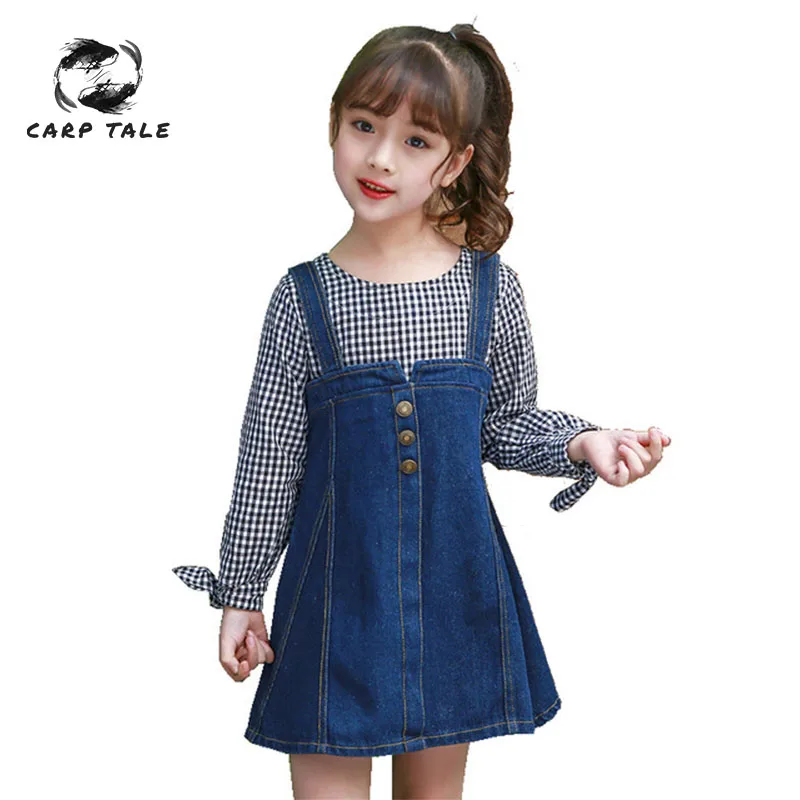 

Little Girl's Dress Autumn Denim Plaid Stitching Costume Girls Dress Long Sleeve Children's Clothes Children's Dress 2019