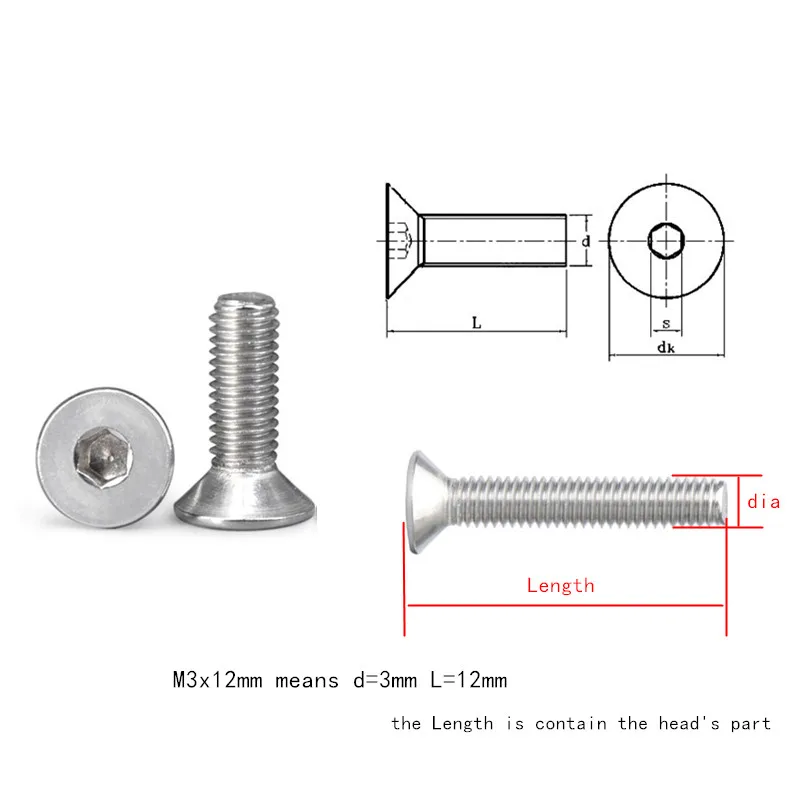 DIN7991 Шестигранная с плоской головкой Кепки винт M2/M2.5/M3/M4* 4/5/6/8/10/12/16/20 Вт, 30 Вт, 40 см/50 см/80 мм Нержавеющая сталь винт с потайной головкой болт