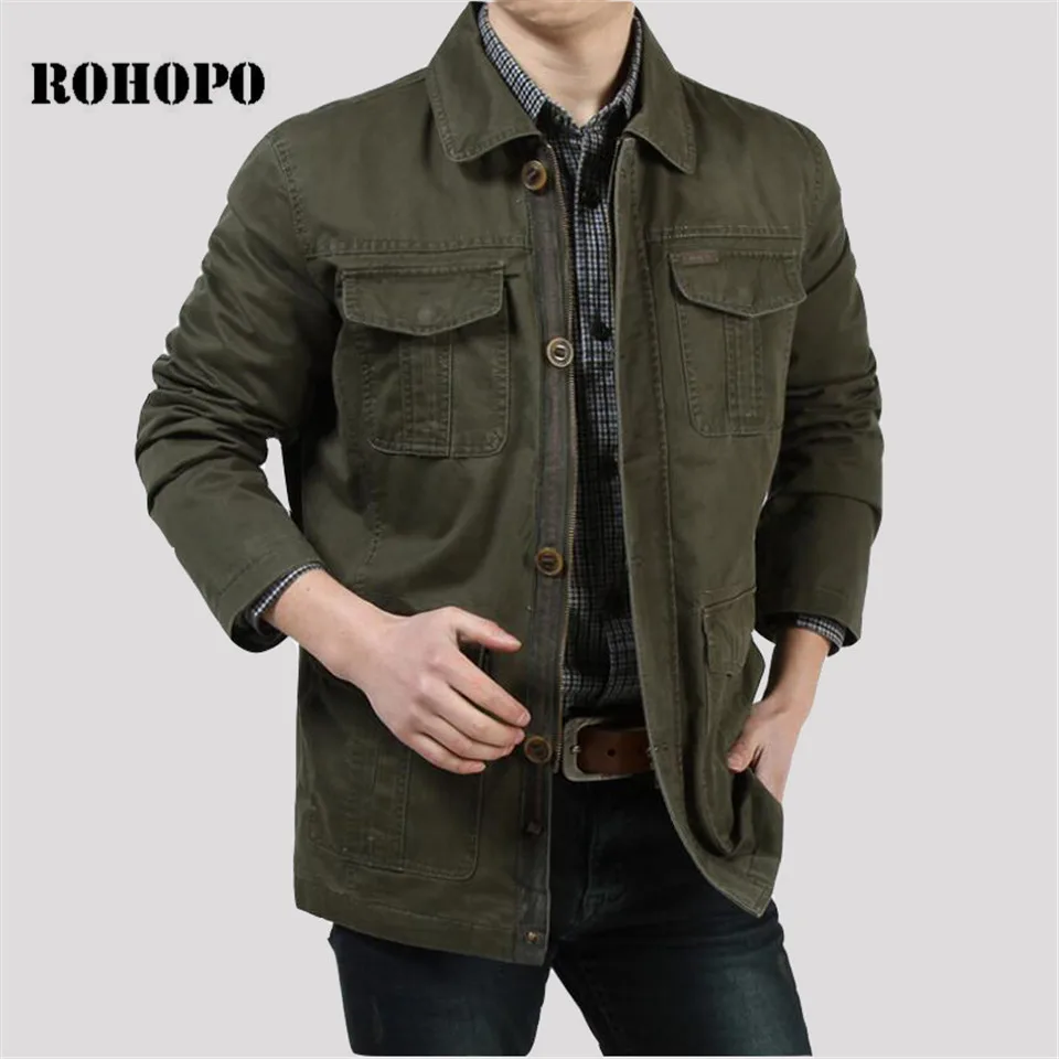 

ROHOPO Jacket 100% Cotton Man militar Cargo Jacket,2019 Autumn New Design Deports Solid Outwear workers working pockets coat men