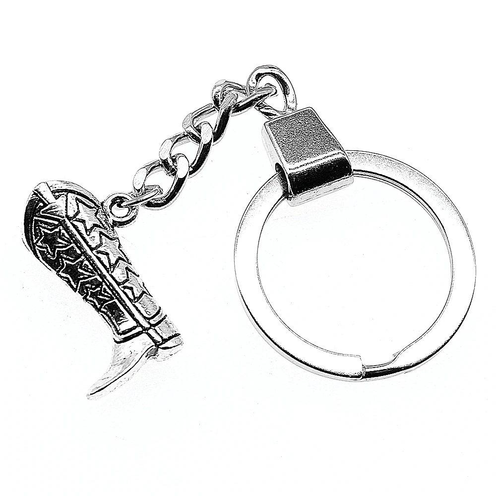 

Keyring 26x20x8mm High Boots Engraved Star Boots Shoes Antique Silver Color Men Jewelry Car Key Chain Ring Holder