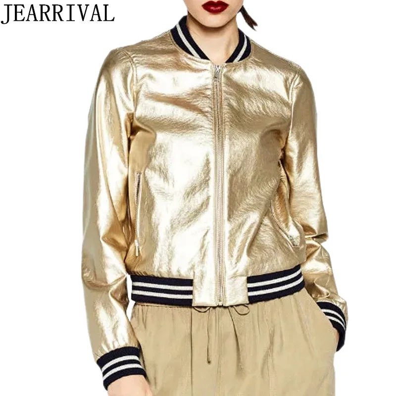 

2018 New Fashion Golden Silver Bright Bomber Jacket Women Punk Style PU Faux Leather Zipper Basic Coat Outwear Chaqueta Mujer