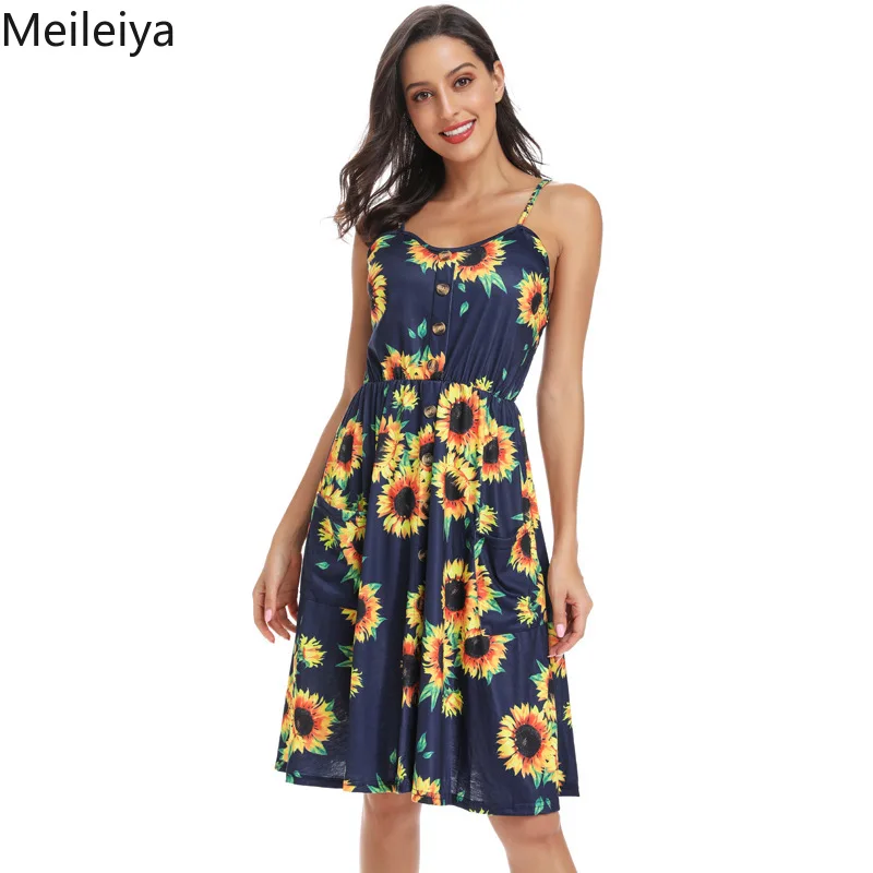 Для женщин с принтом в виде подсолнухов ремень шифоновое платье 2019 Лето лимоновой, элегантный цветочный воротник платье без рукавов на